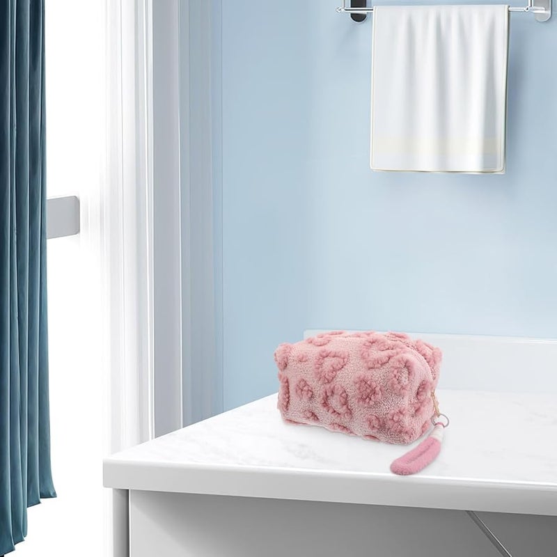 Large Capacity Pink Plush Heart Makeup Bag Travel Cosmetic Pouch Soft Toiletry Organizer - Image 5